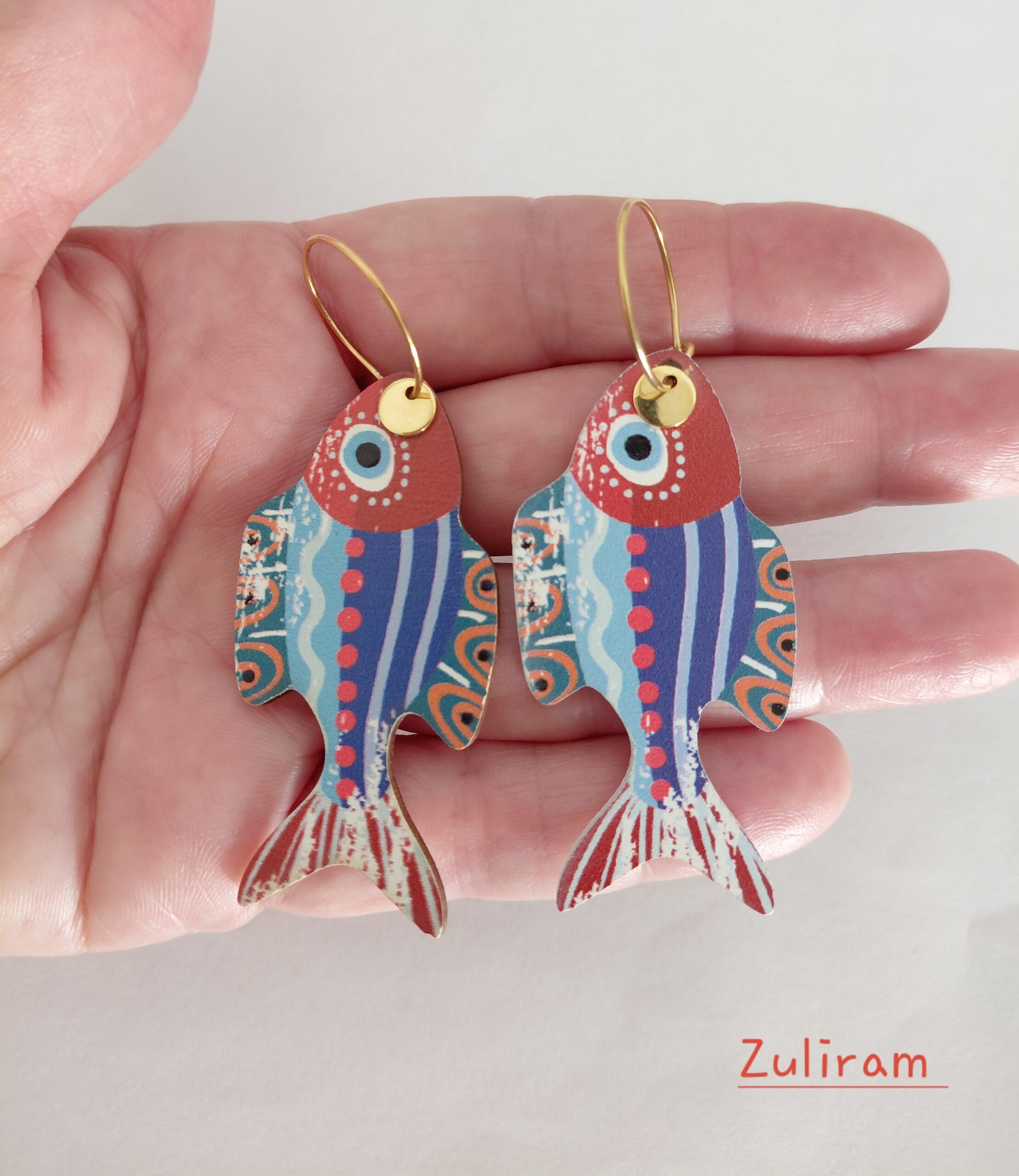 Pendientes pez madera, cabeza roja - Imagen 2