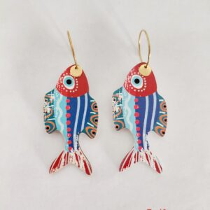 Pendientes pez madera, cabeza roja