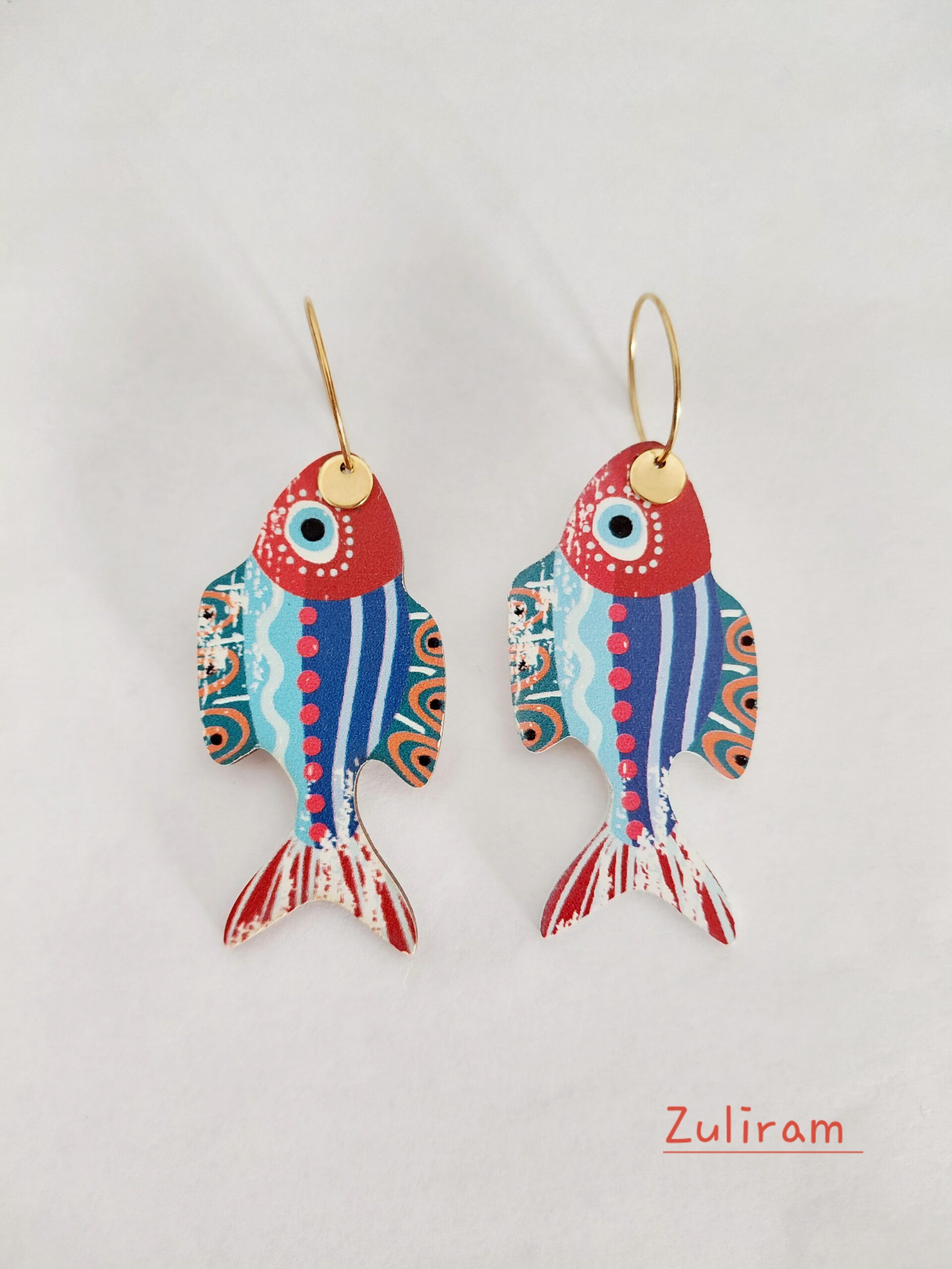Pendientes pez madera, cabeza roja